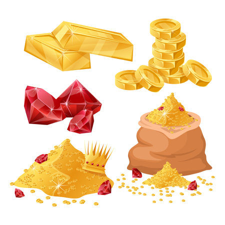 treasure gold money old set cartoon. old ancient, adventure wealth, coin abundance, fantasy pirate, antique golden treasure gold money old vector illustrationのイラスト素材