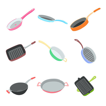 frying pan set cartoon vector illustrationのイラスト素材