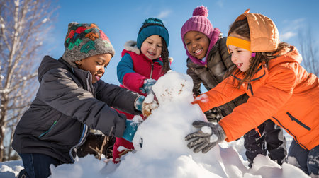 play kids building snowmanの素材