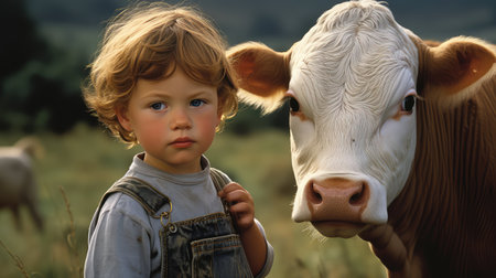 animal kid with cowの素材