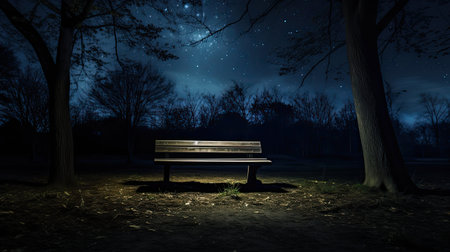 peaceful park bench at nightの素材