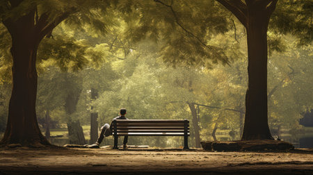 peace sitting on park benchの素材