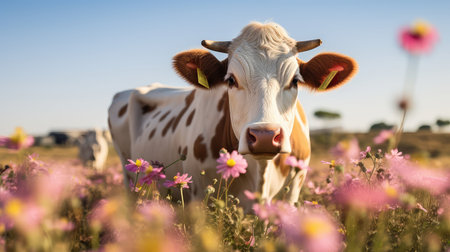 pasture cow with flowerの素材