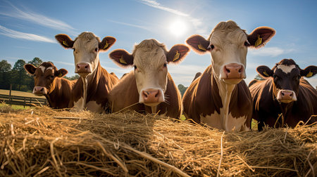 animals cows eating hayの素材
