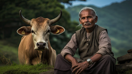 farmer man and cowの素材