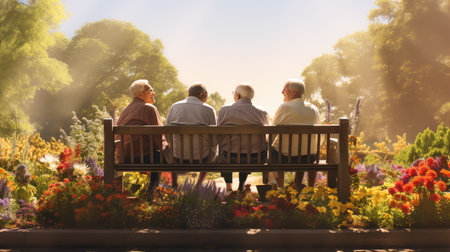 elderly seniors on benchの素材