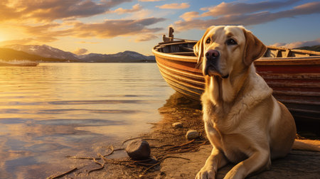 lake dog and boatの素材