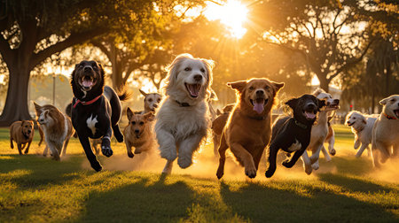 exercise dogs playing in parkの素材
