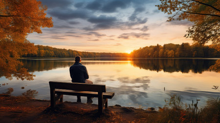 calm sitting by lakeの素材