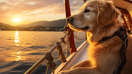 pet dog on boatの素材