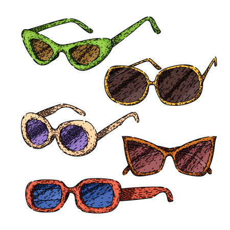 sunglasses female vintage set sketch hand drawn vectorのイラスト素材