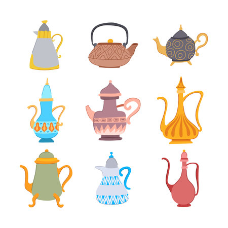 arabic tea pot set cartoon. arabian arab, dallah ramadan, kettle gulf arabic tea pot sign. isolated symbol vector illustrationのイラスト素材