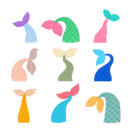 mermaid tail set cartoon. cute fin, water scale, shell logo mermaid tail sign. isolated symbol vector illustrationのイラスト素材