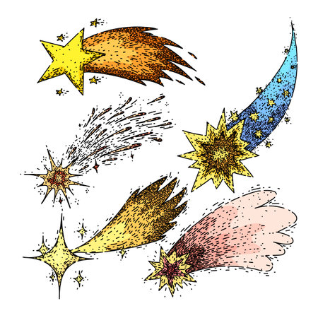star fall set hand drawn. kid wish, child happy, dream boy star fall vector sketch. isolated color illustrationのイラスト素材