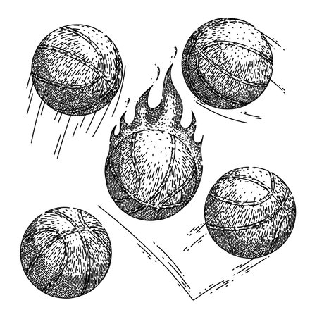 basketball ball set hand drawn. basket isolated, black orange, equipment competition basketball ball vector sketch. isolated black illustrationのイラスト素材