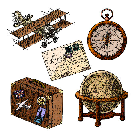 travel vintage set hand drawn. retro summer, city postcard, landscape vacation travel vintage vector sketch. isolated color illustrationのイラスト素材