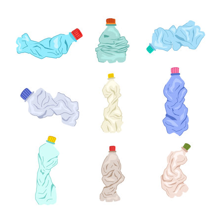 crumpled plastic bottle set cartoon. crushed used, recycle waste, empty garbage crumpled plastic bottle sign. isolated symbol vector illustrationのイラスト素材