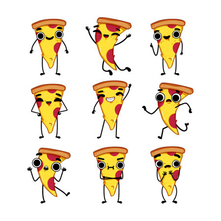 pizza slice character set cartoon vector illustrationのイラスト素材