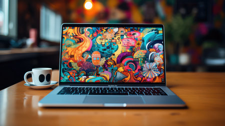 colorful laptop coffeeの素材