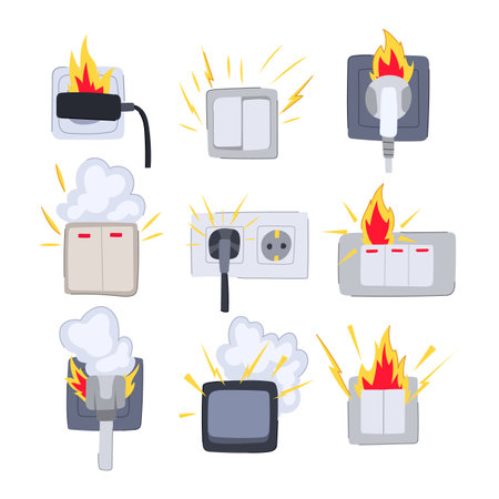 short circuit fire set cartoon vector illustrationのイラスト素材