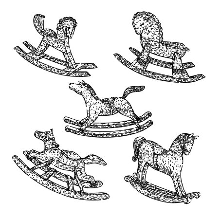 rocking horse set sketch hand drawn vectorのイラスト素材