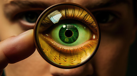 examine green magnifying glass illustration vibrant color, photo holding, close up examine green magnifying glassの素材