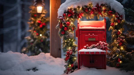 lights christmas mail box illustration wreath snow, cozy red, decorated winter lights christmas mail boxの素材
