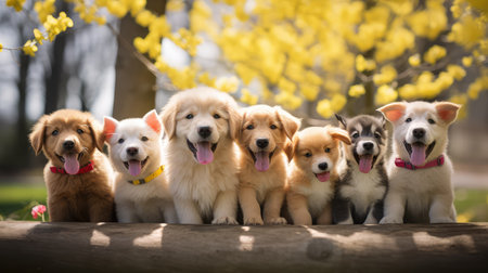fluffy spring puppies illustration joyful wagging, tails ears, group shot fluffy spring puppiesの素材