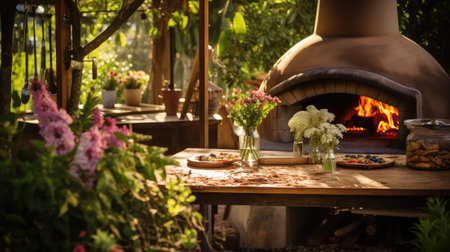 outdoor wood fired pizza illustration setting greenery, flowers meal, delicious crust outdoor wood fired pizzaの素材