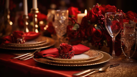 festive red and gold elegant background illustration shimmering rich, textures dining, celebration tableware festive red and gold elegant backgroundの素材
