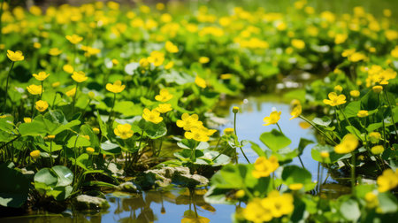 marigold marsh plant illustration flowers bloom, yellow landscape, nectar bees marigold marsh plantの素材