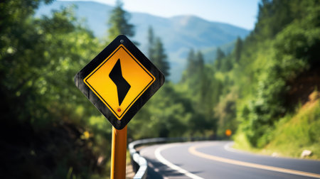 symbol road sign turning point illustration yellow warning, drivers slow cautious, navigate symbol road sign turning pointの素材