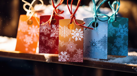 festive gift tags illustration presents colorful, designs reindeer, trees wrapping festive gift tagsの素材