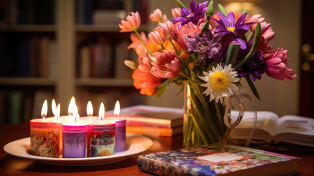 candles birthday book illustration flowers party, atmosphere table, decorated photo candles birthday bookの素材