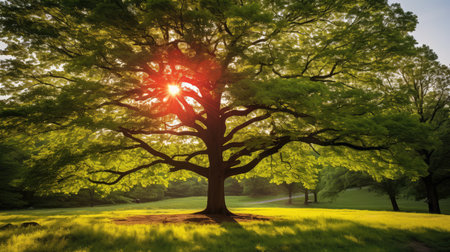branches red oak tree illustration sunlight glow, growth vibrant, nature fresh branches red oak treeの素材