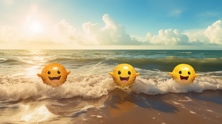 ocean water emoji illustration waves sun, summer sea, surf swim ocean water emojiの素材