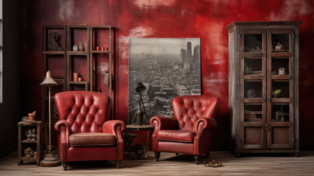 leather red distressed illustration armchair worn, patches scratches, aged appearance leather red distressedの素材