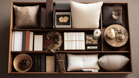 reading wood box flat lay illustration nook en, sizes composition, inviting lazy reading wood box flat layの素材