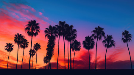 hues blue and red gradient illustration blend vibrant, shades silhouettes, palm trees hues blue and red gradientの素材
