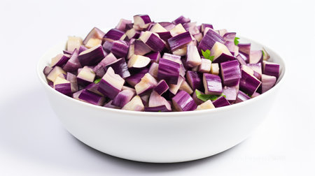 photo eggplant white background illustration bowl diced, pieces small, cut stir photo eggplant white backgroundの素材