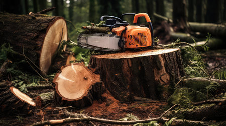 stump tree and chainsaw illustration logs branches, cutting wood, forestry deforestation stump tree and chainsawの素材