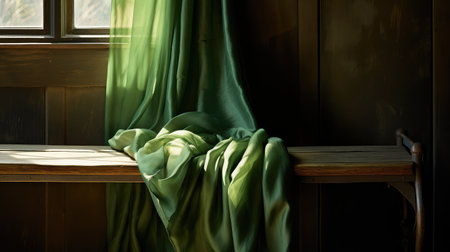 chair green silk illustration sunlight window, glow fabric, delicate sheen chair green silkの素材