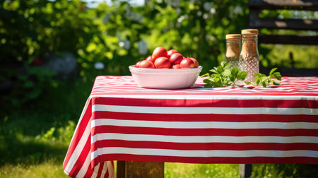 striped red and white tablecloth illustration summer outdoor, gathering vibrant, contrast greenery striped red and white tableclothの素材