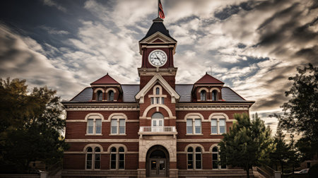 historic court house building illustration clocktower arched, windows iron, fence flag historic court house buildingの素材