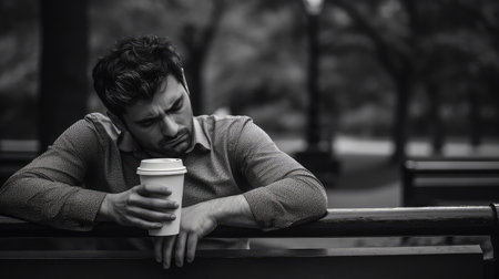 park tired coffee illustration bench cup, eyes closed, moment break park tired coffeeの素材