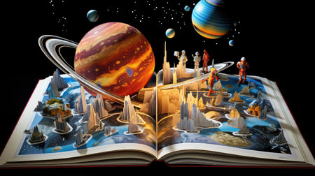 rockets pop up book illustration planets astronauts, cosmos interactive, 3d educational rockets pop up bookの素材