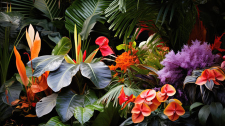 plants tropical leaves and flowers illustration blooms foliage, red purple, yellow textures plants tropical leaves and flowersの素材