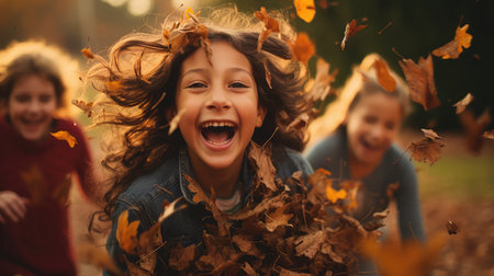 friends fall leaves on ground illustration laughter joy, play toss, air seas friends fall leaves on groundの素材