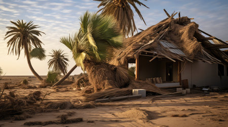 storm wind damage palm tree house illustration fronds bare, trunk debris, leaves severe storm wind damage palm tree houseの素材