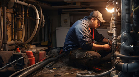 basement house water pipes illustration fitting tools, broken leak, maintenance plumbing basement house water pipesの素材